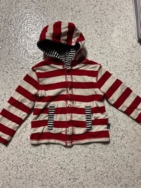 Red and White Striped Hooded Jacket with Navy Lined Hood
